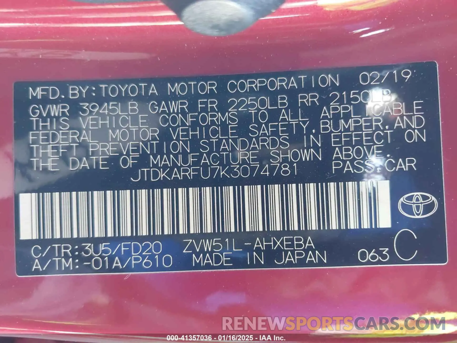 9 fotografías del automóvil dañado JTDKARFU7K3074781 TOYOTA PRIUS 2019
