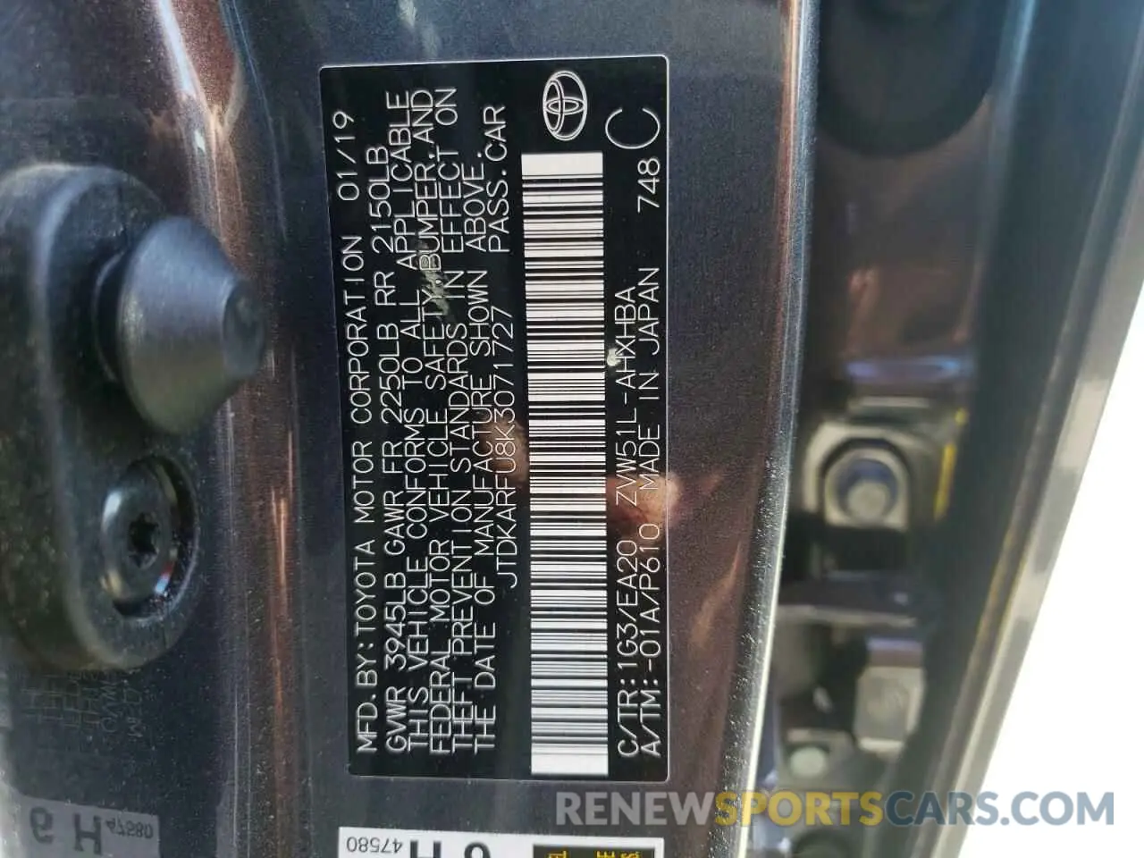 10 fotografías del automóvil dañado JTDKARFU8K3071727 TOYOTA PRIUS 2019
