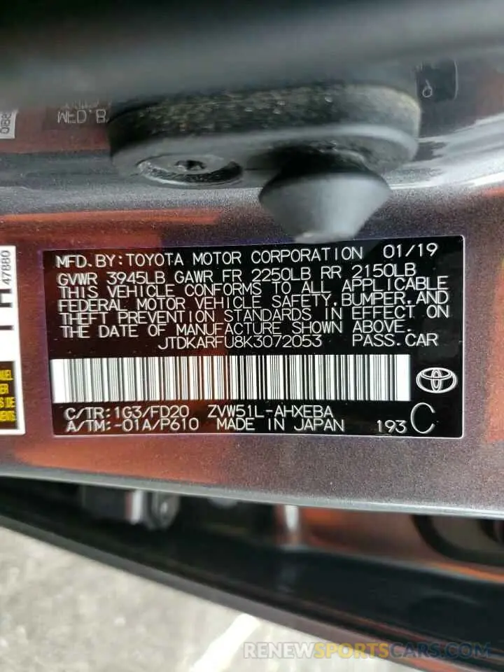 10 fotografías del automóvil dañado JTDKARFU8K3072053 TOYOTA PRIUS 2019