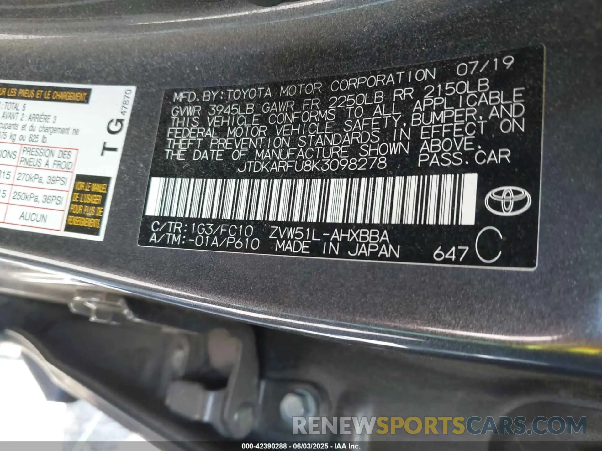 9 fotografías del automóvil dañado JTDKARFU8K3098278 TOYOTA PRIUS 2019