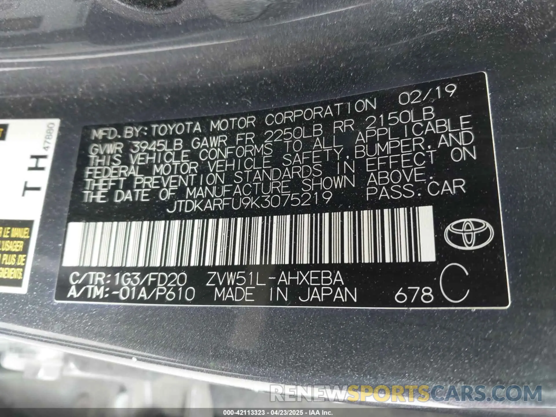 9 fotografías del automóvil dañado JTDKARFU9K3075219 TOYOTA PRIUS 2019