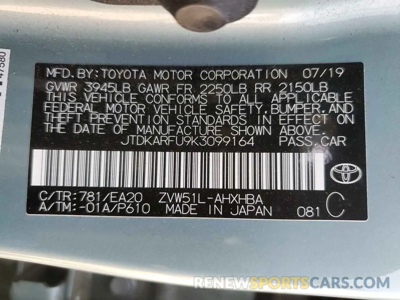 14 fotografías del automóvil dañado JTDKARFU9K3099164 TOYOTA PRIUS 2019