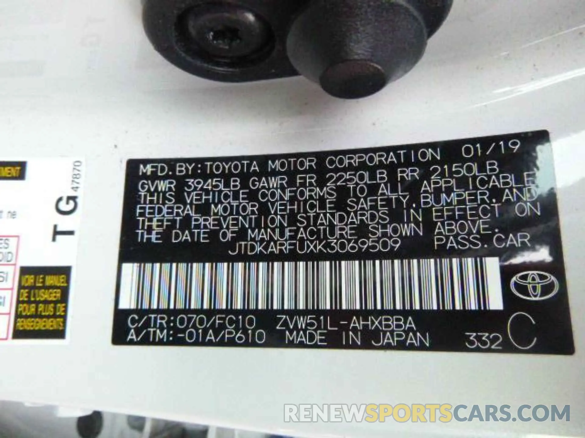 9 fotografías del automóvil dañado JTDKARFUXK3069509 TOYOTA PRIUS 2019