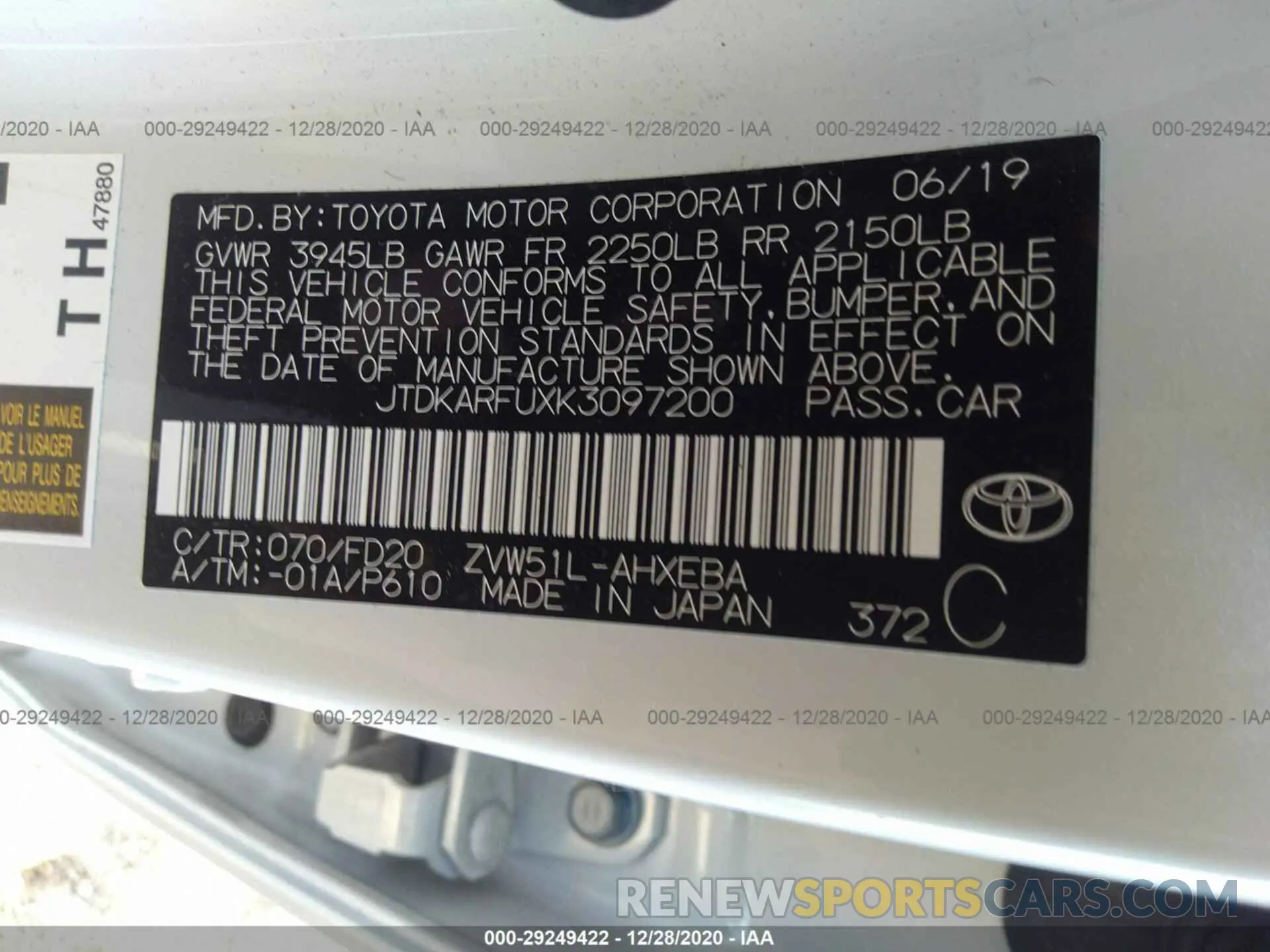 9 fotografías del automóvil dañado JTDKARFUXK3097200 TOYOTA PRIUS 2019