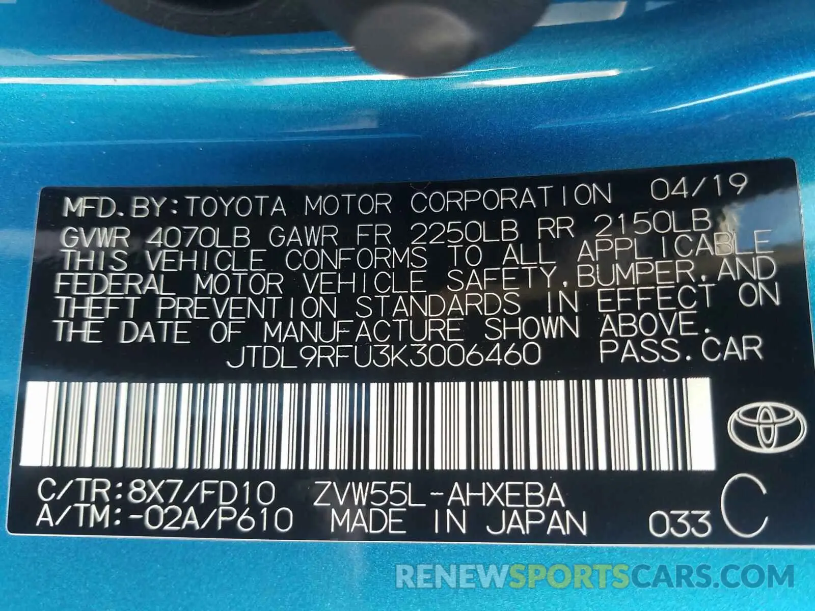 10 fotografías del automóvil dañado JTDL9RFU3K3006460 TOYOTA PRIUS 2019