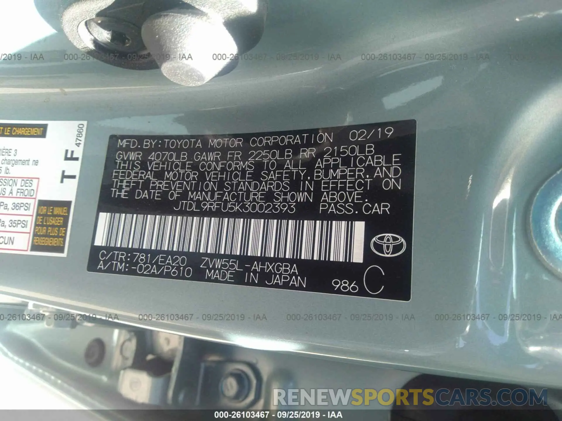 9 fotografías del automóvil dañado JTDL9RFU5K3002393 TOYOTA PRIUS 2019