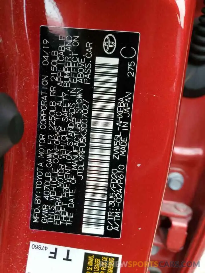 12 fotografías del automóvil dañado JTDL9RFU5K3007027 TOYOTA PRIUS 2019