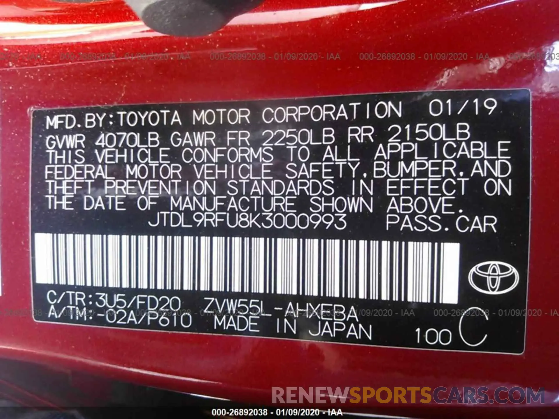 9 fotografías del automóvil dañado JTDL9RFU8K3000993 TOYOTA PRIUS 2019