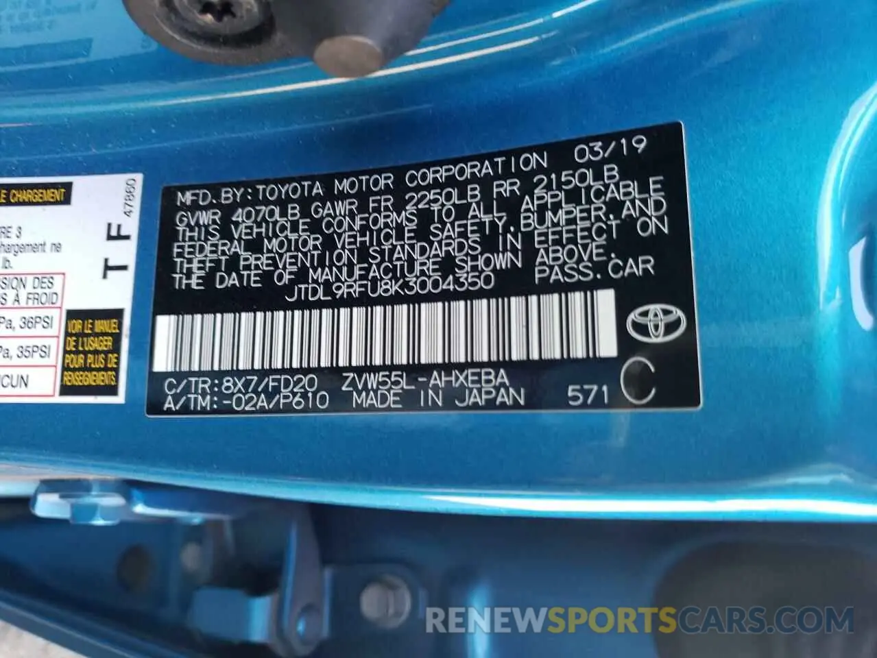 10 fotografías del automóvil dañado JTDL9RFU8K3004350 TOYOTA PRIUS 2019