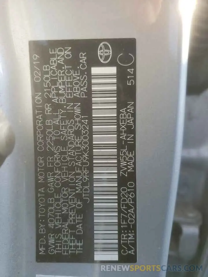 13 fotografías del automóvil dañado JTDL9RFU9K3003241 TOYOTA PRIUS 2019