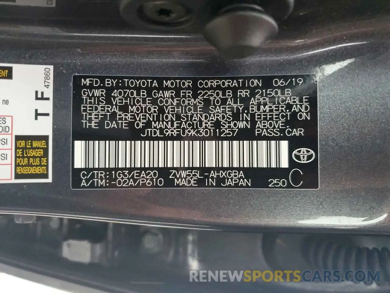 12 fotografías del automóvil dañado JTDL9RFU9K3011257 TOYOTA PRIUS 2019