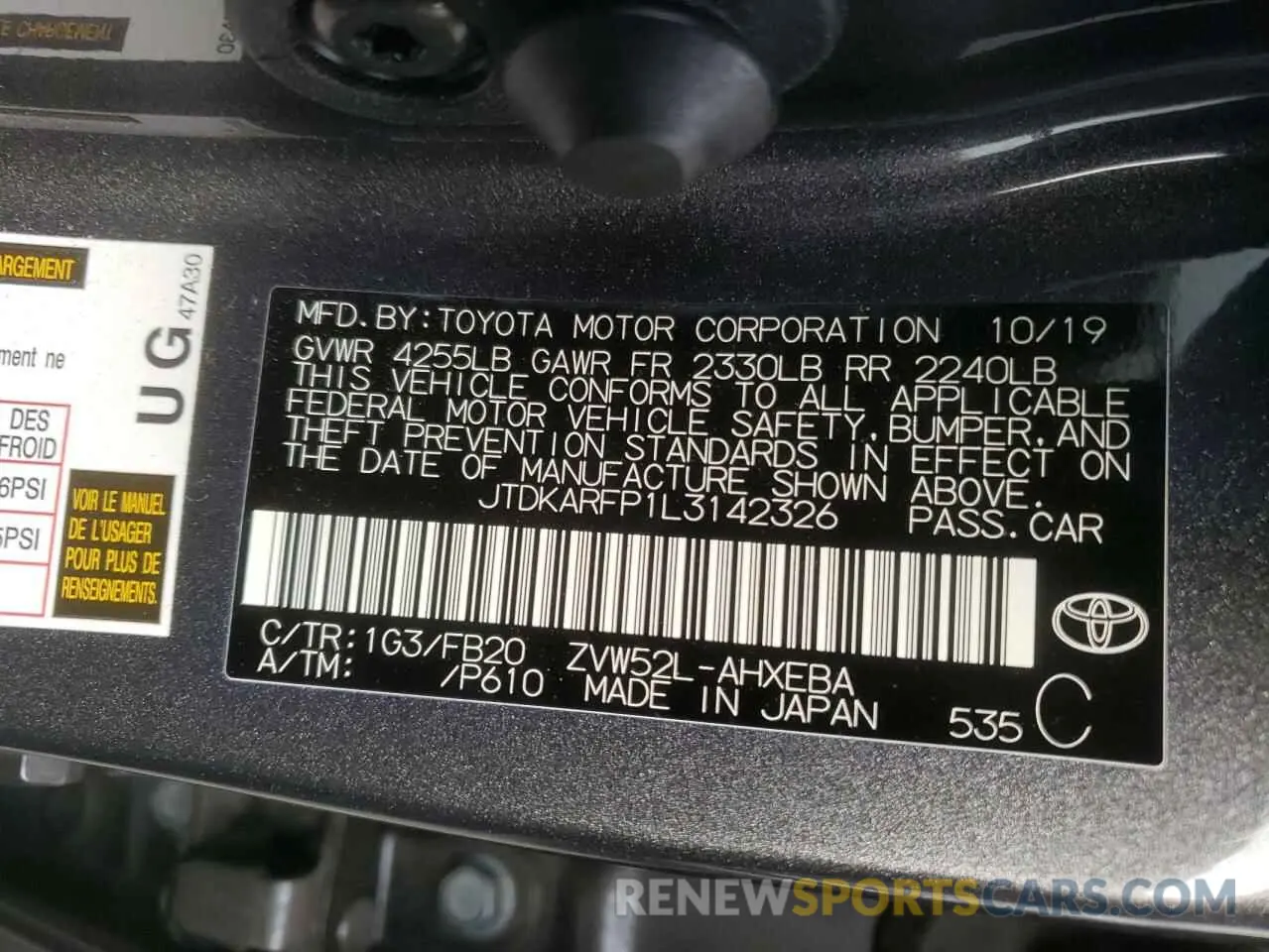 12 fotografías del automóvil dañado JTDKARFP1L3142326 TOYOTA PRIUS 2020