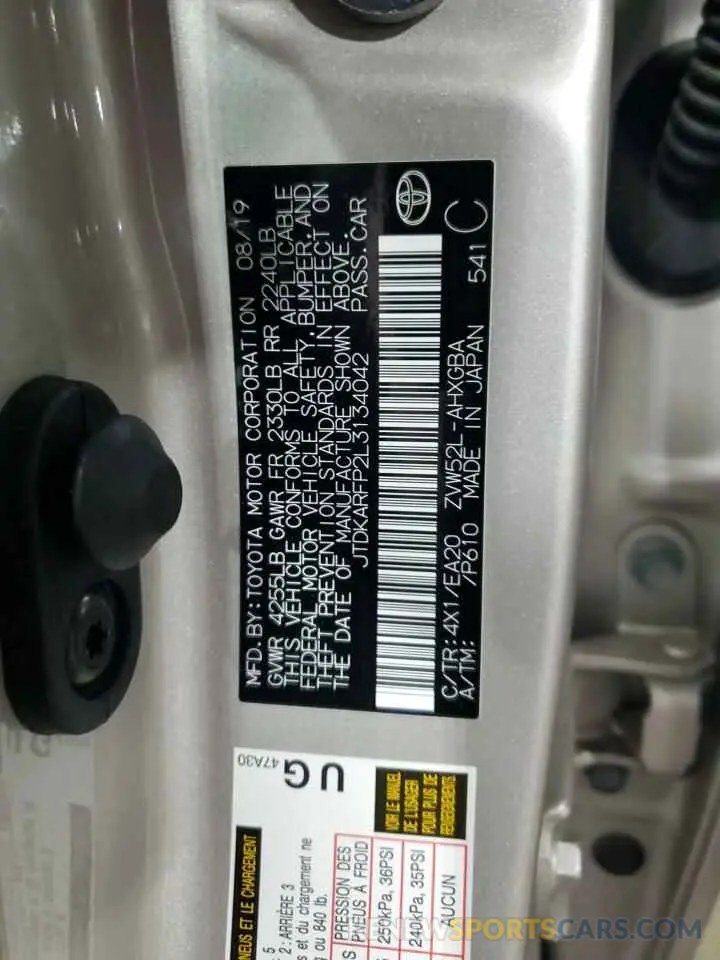 13 fotografías del automóvil dañado JTDKARFP2L3134042 TOYOTA PRIUS 2020