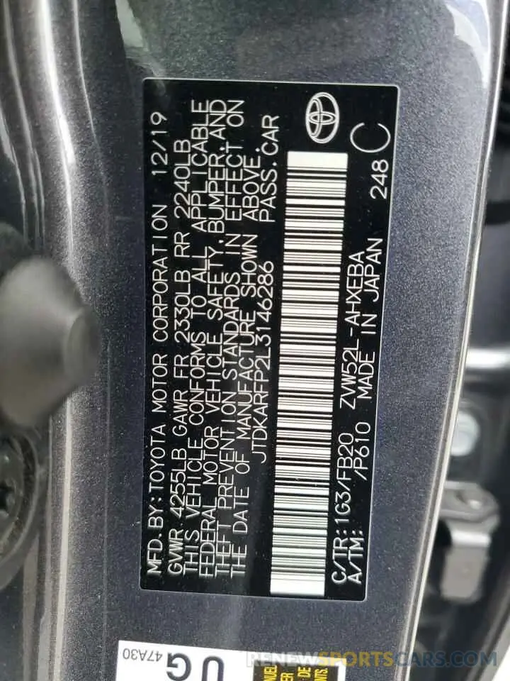 14 fotografías del automóvil dañado JTDKARFP2L3146286 TOYOTA PRIUS 2020