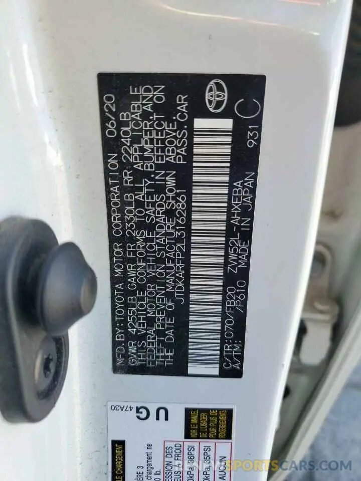 12 fotografías del automóvil dañado JTDKARFP2L3162861 TOYOTA PRIUS 2020