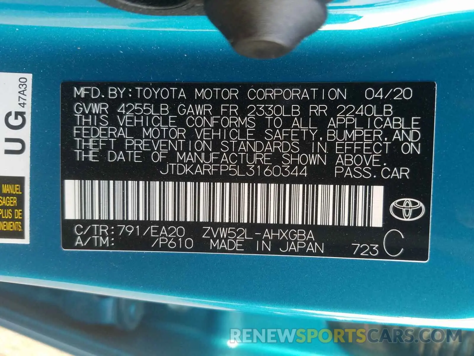 10 fotografías del automóvil dañado JTDKARFP5L3160344 TOYOTA PRIUS 2020