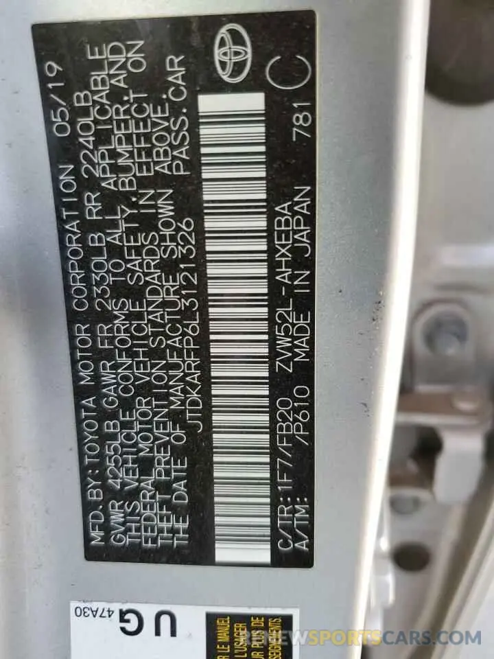 12 fotografías del automóvil dañado JTDKARFP6L3121326 TOYOTA PRIUS 2020