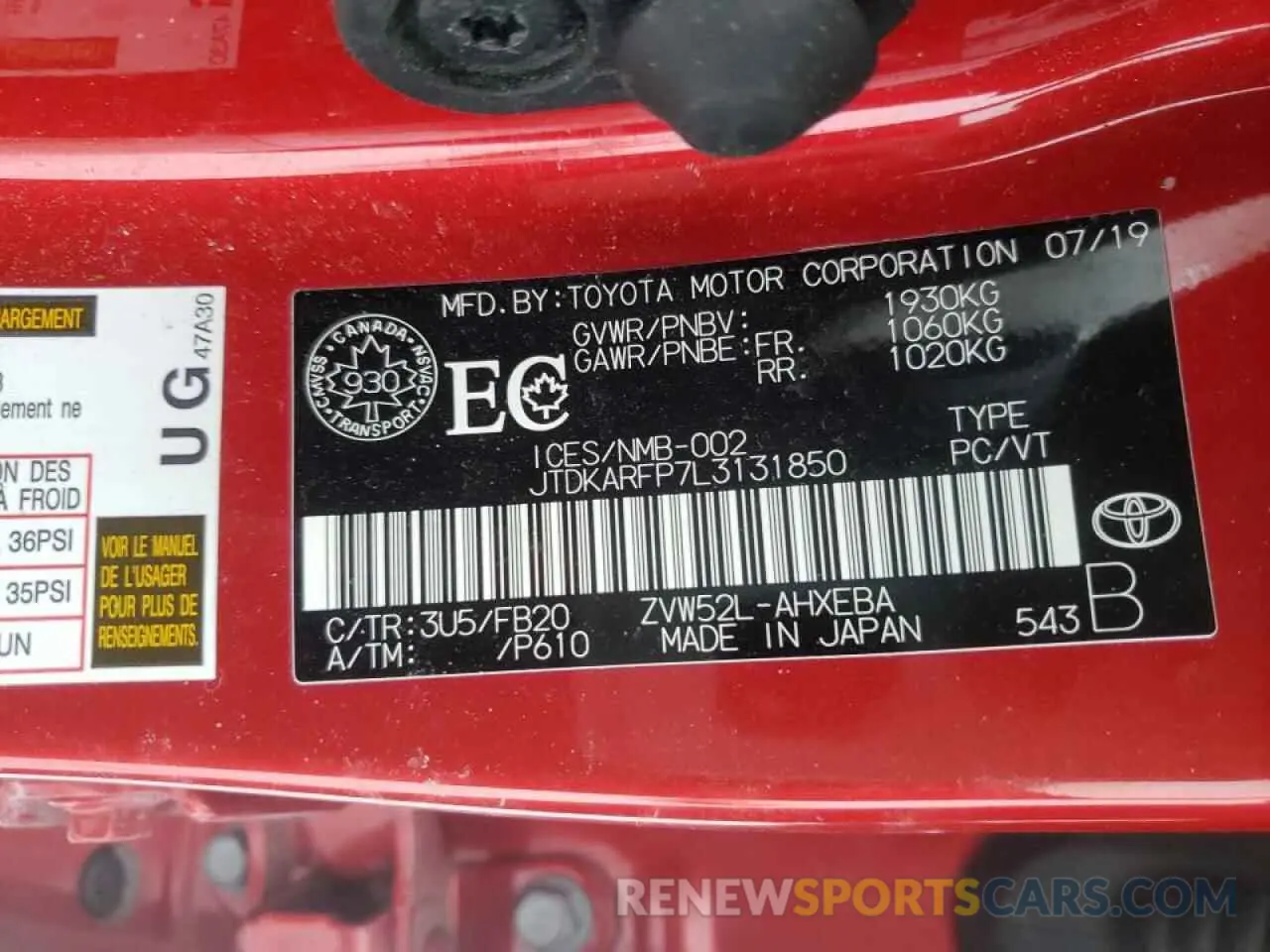 10 fotografías del automóvil dañado JTDKARFP7L3131850 TOYOTA PRIUS 2020