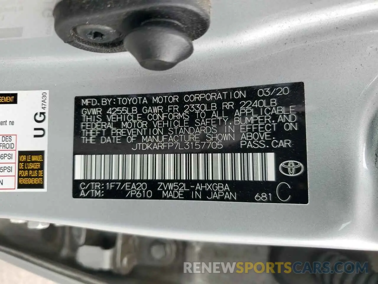 13 fotografías del automóvil dañado JTDKARFP7L3157705 TOYOTA PRIUS 2020