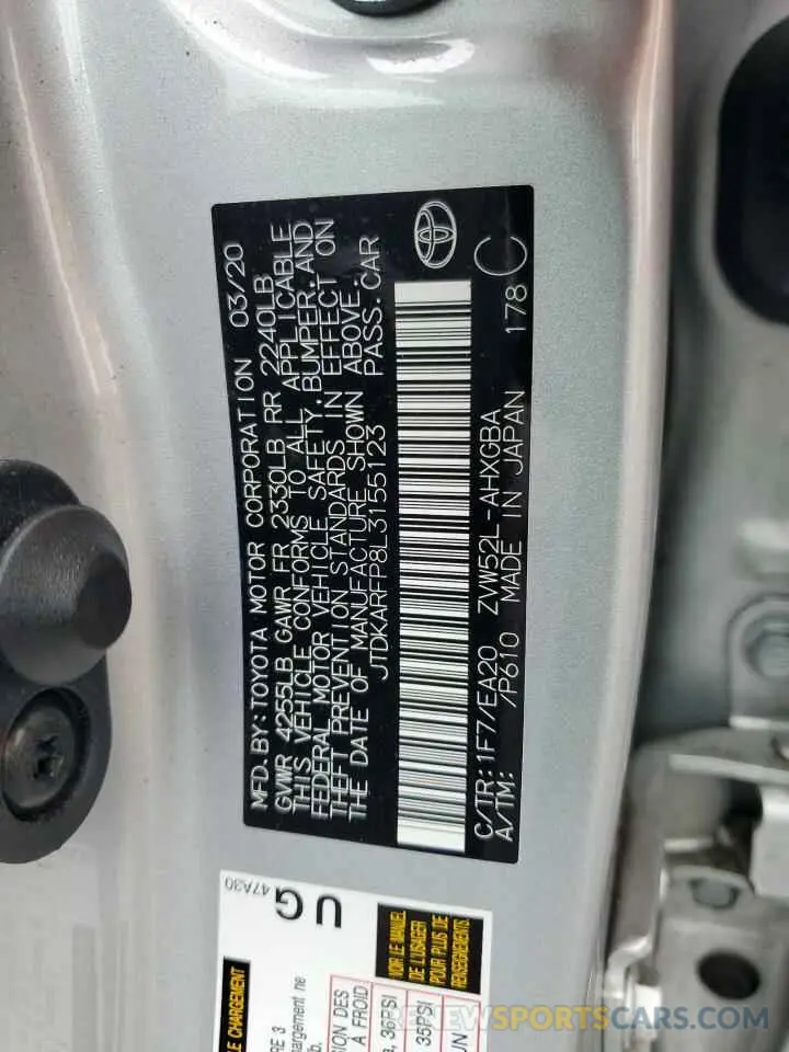 12 fotografías del automóvil dañado JTDKARFP8L3155123 TOYOTA PRIUS 2020