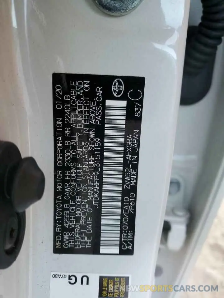 12 fotografías del automóvil dañado JTDKARFP9L3151159 TOYOTA PRIUS 2020