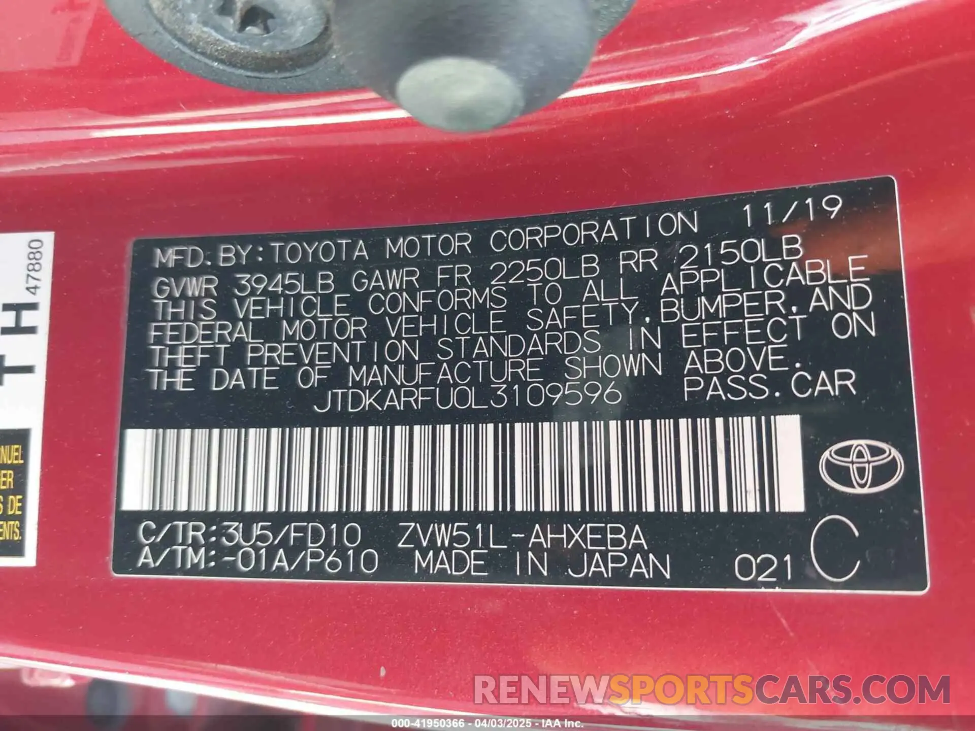 9 fotografías del automóvil dañado JTDKARFU0L3109596 TOYOTA PRIUS 2020