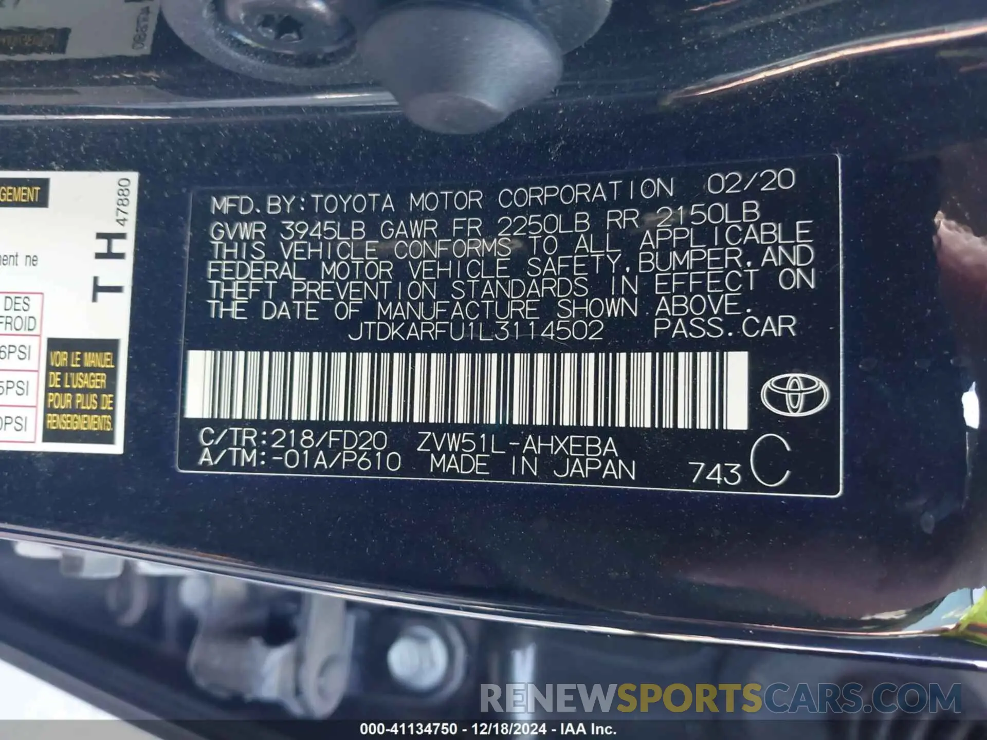 9 fotografías del automóvil dañado JTDKARFU1L3114502 TOYOTA PRIUS 2020