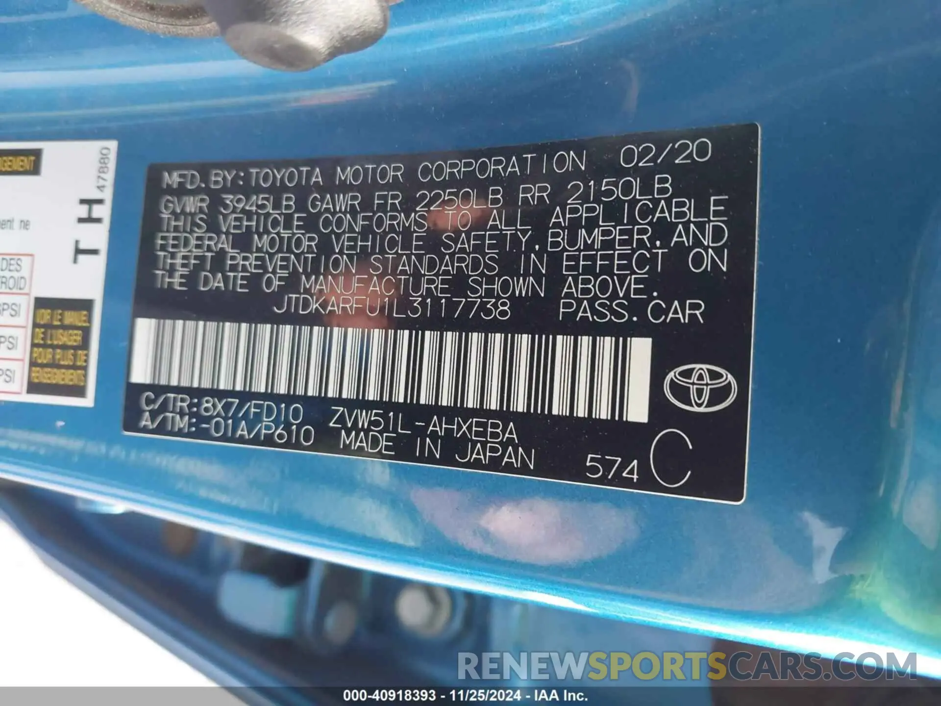 9 fotografías del automóvil dañado JTDKARFU1L3117738 TOYOTA PRIUS 2020