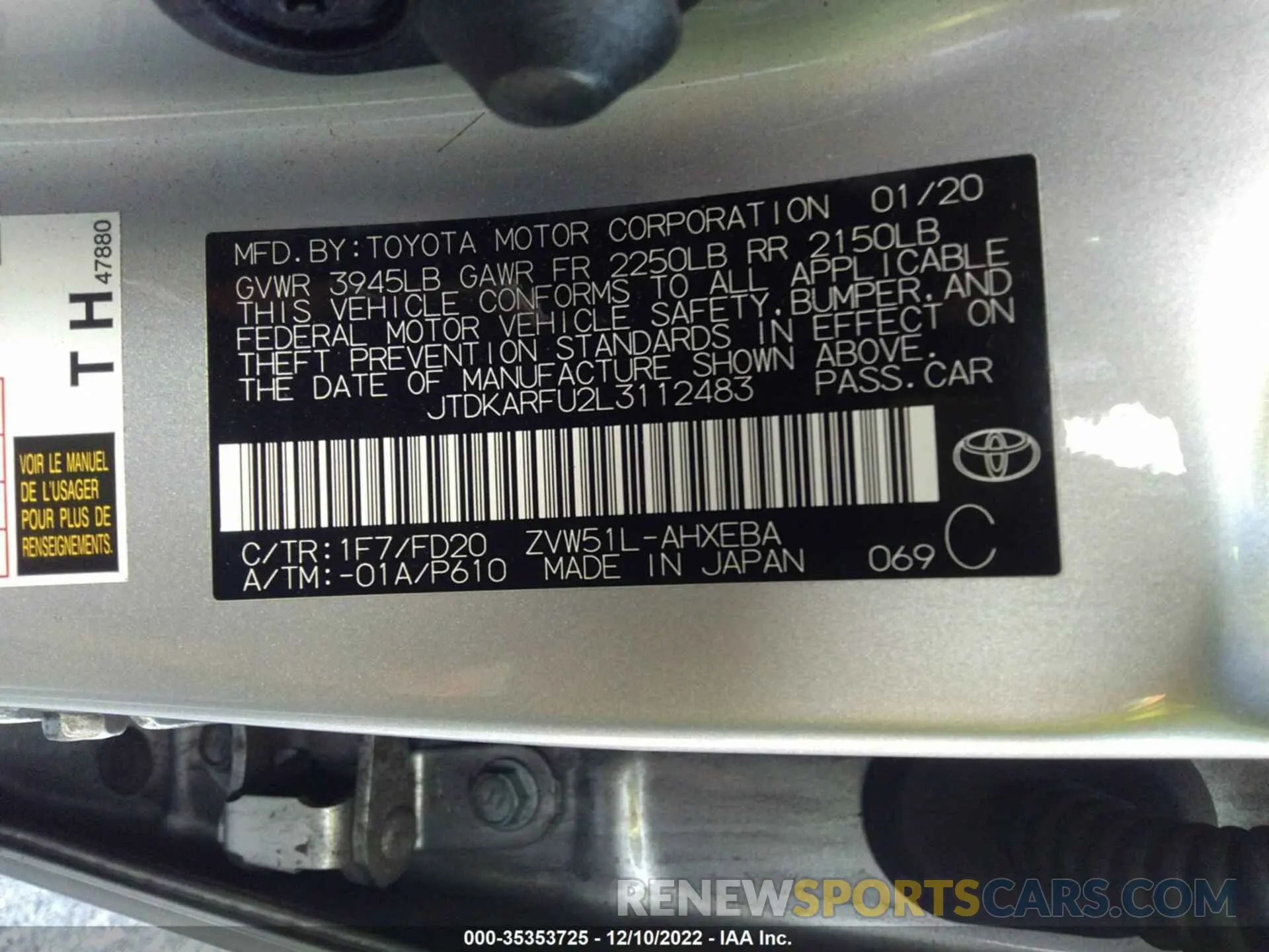 9 fotografías del automóvil dañado JTDKARFU2L3112483 TOYOTA PRIUS 2020
