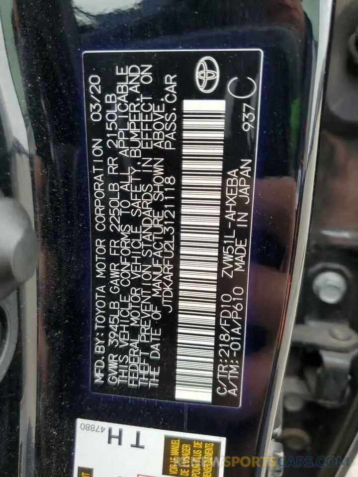 14 fotografías del automóvil dañado JTDKARFU2L3121118 TOYOTA PRIUS 2020
