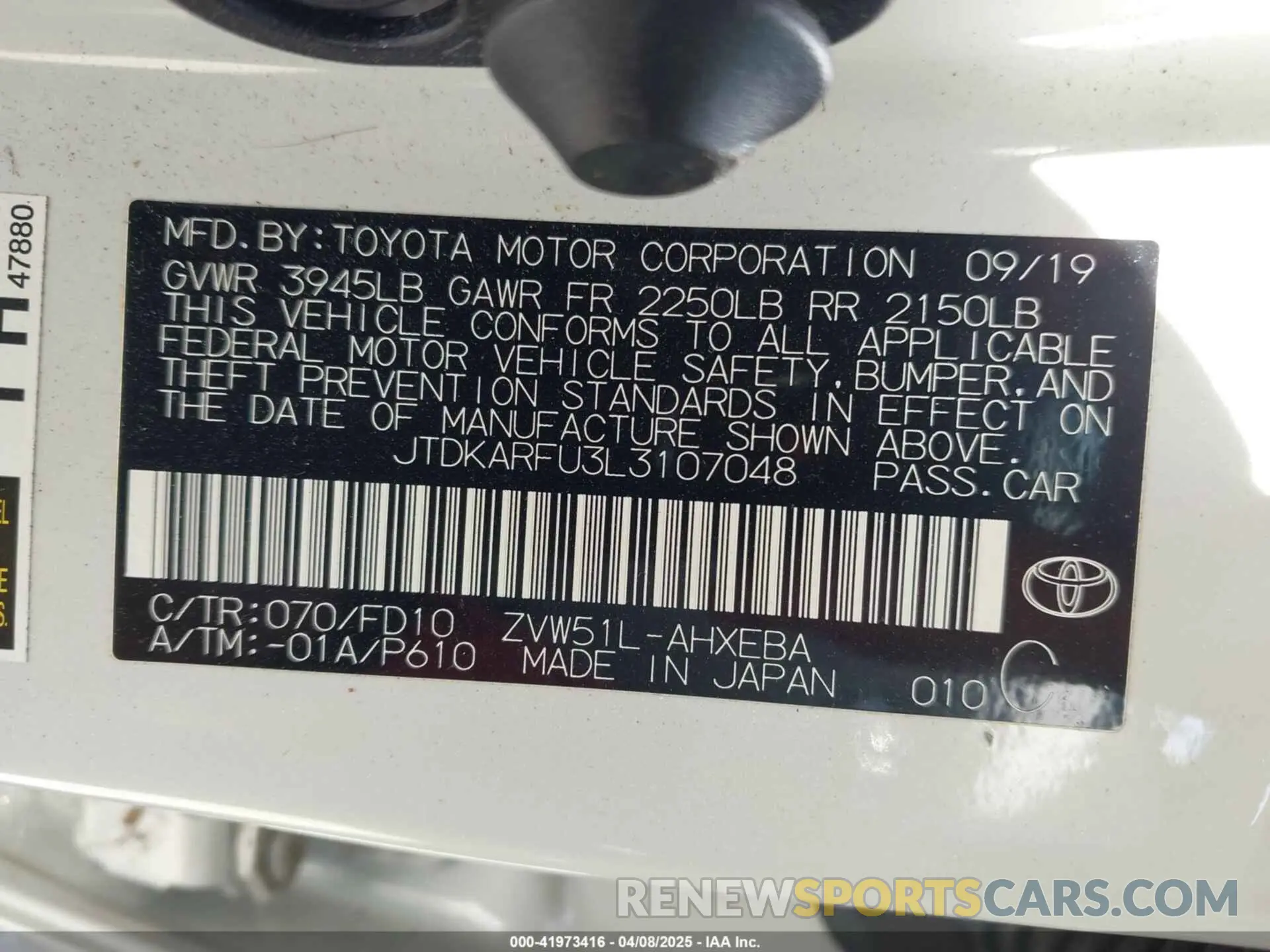 9 fotografías del automóvil dañado JTDKARFU3L3107048 TOYOTA PRIUS 2020