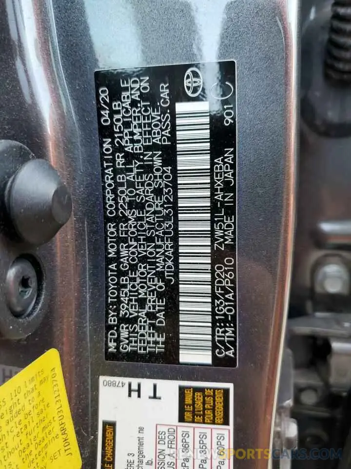 10 fotografías del automóvil dañado JTDKARFU3L3123704 TOYOTA PRIUS 2020