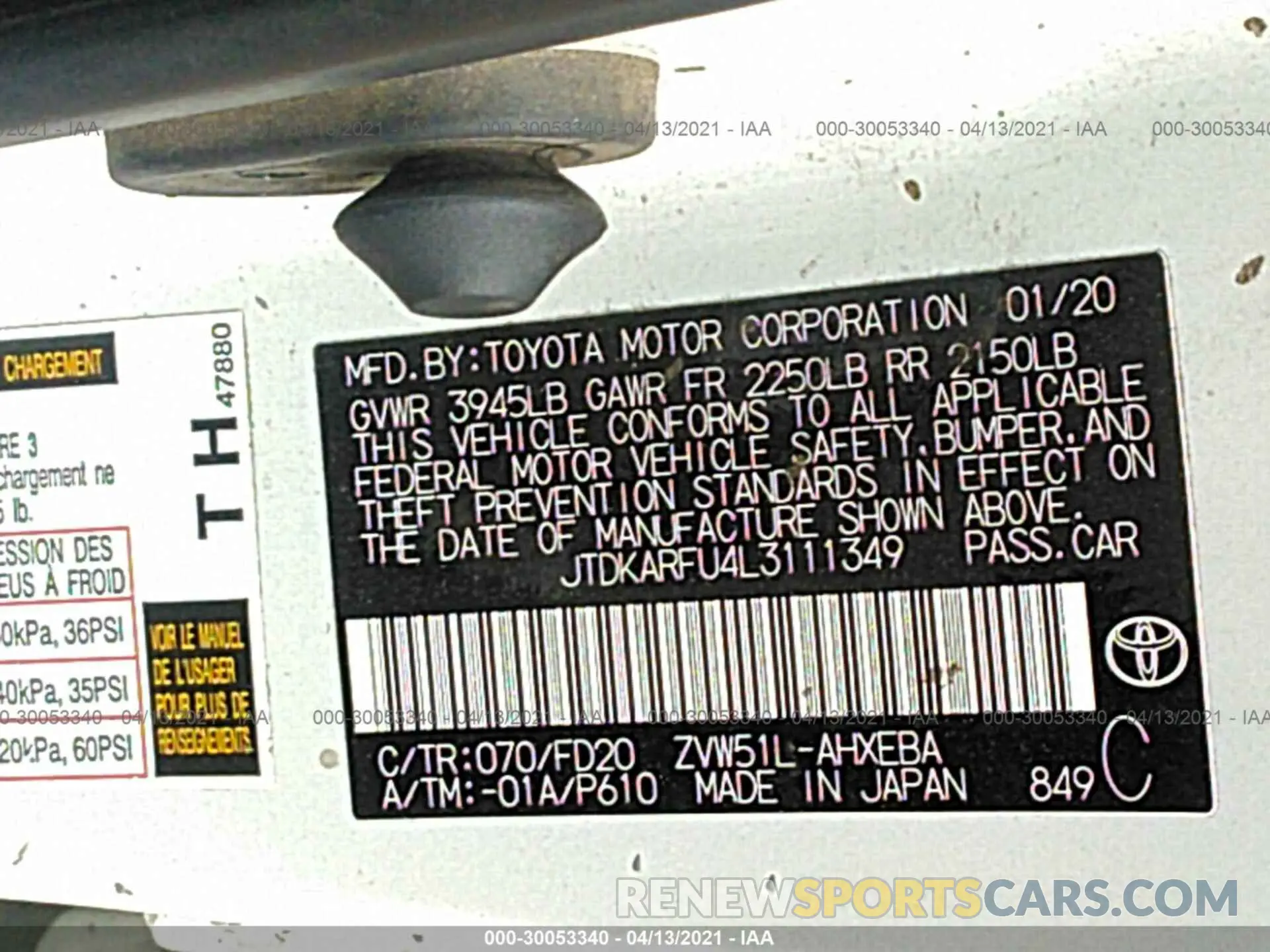 9 fotografías del automóvil dañado JTDKARFU4L3111349 TOYOTA PRIUS 2020
