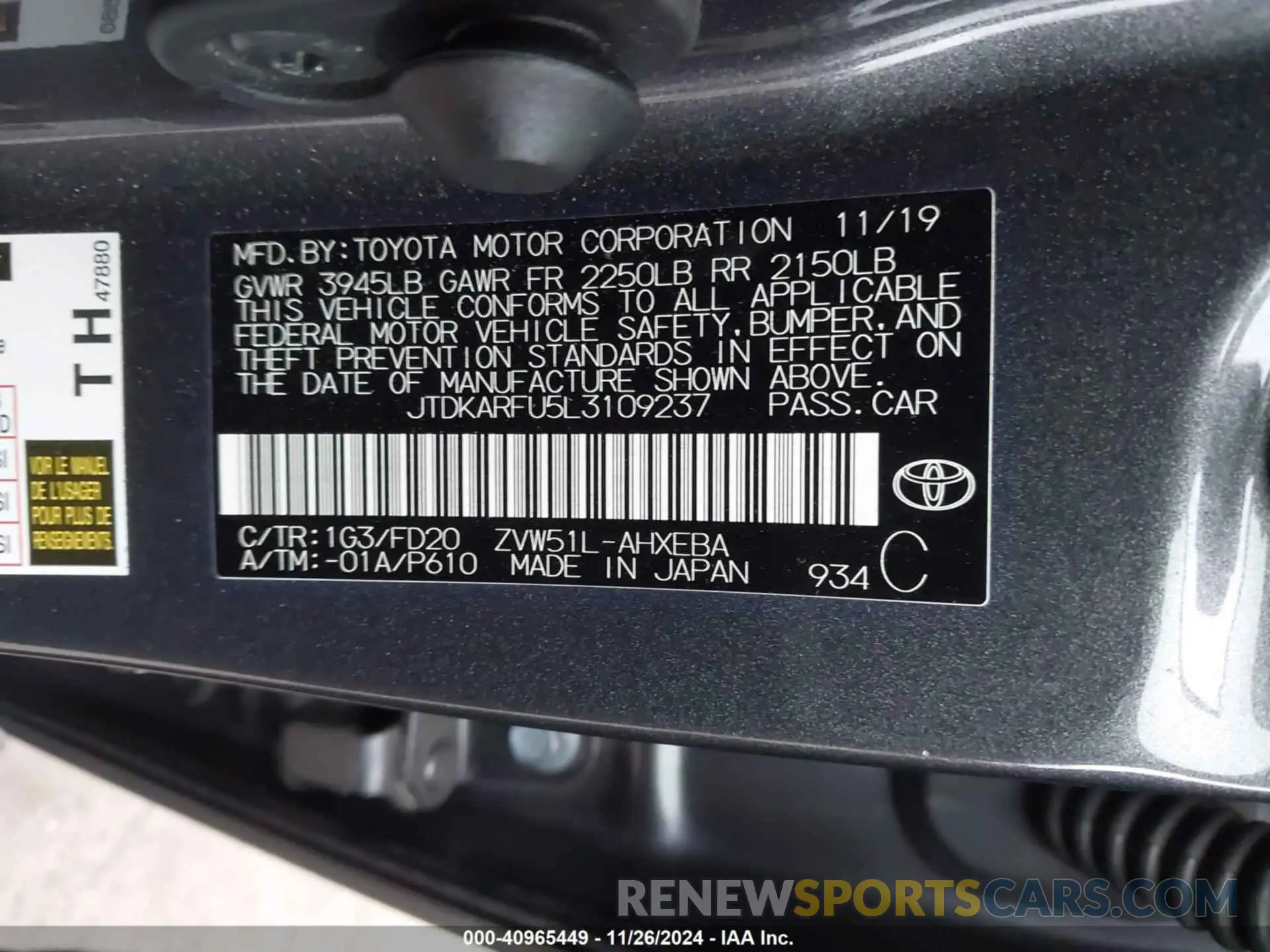 9 fotografías del automóvil dañado JTDKARFU5L3109237 TOYOTA PRIUS 2020