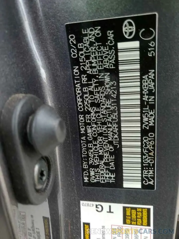 13 fotografías del automóvil dañado JTDKARFU5L3114213 TOYOTA PRIUS 2020