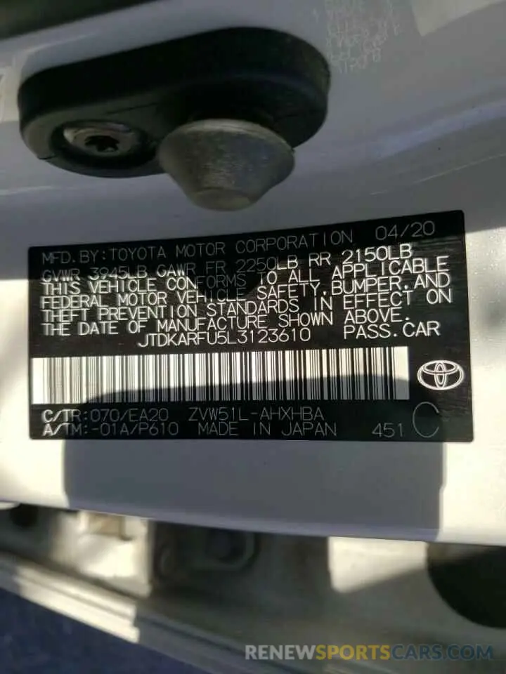 10 fotografías del automóvil dañado JTDKARFU5L3123610 TOYOTA PRIUS 2020