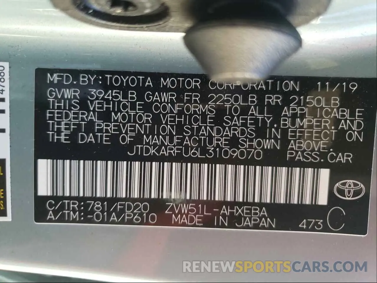 10 fotografías del automóvil dañado JTDKARFU6L3109070 TOYOTA PRIUS 2020