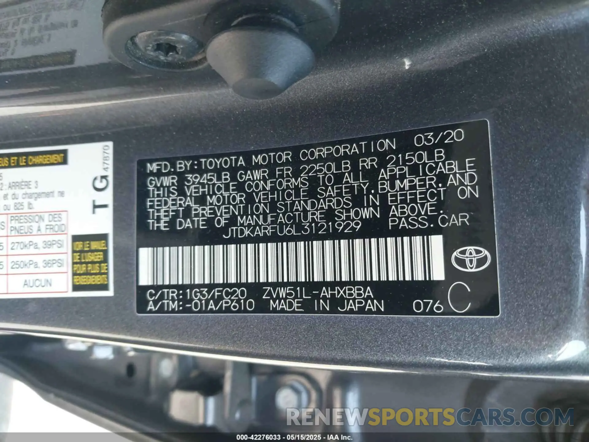9 fotografías del automóvil dañado JTDKARFU6L3121929 TOYOTA PRIUS 2020