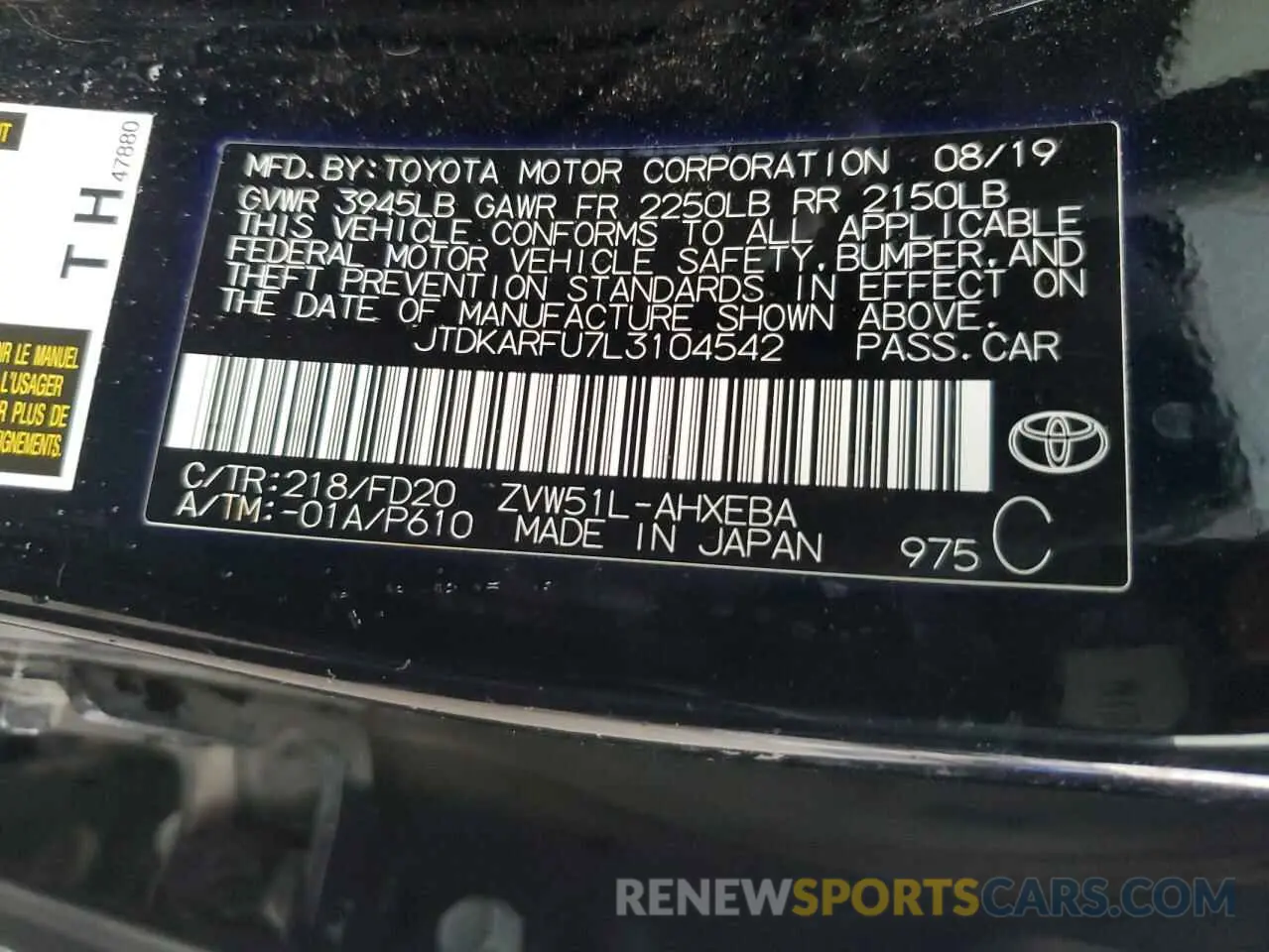 12 fotografías del automóvil dañado JTDKARFU7L3104542 TOYOTA PRIUS 2020