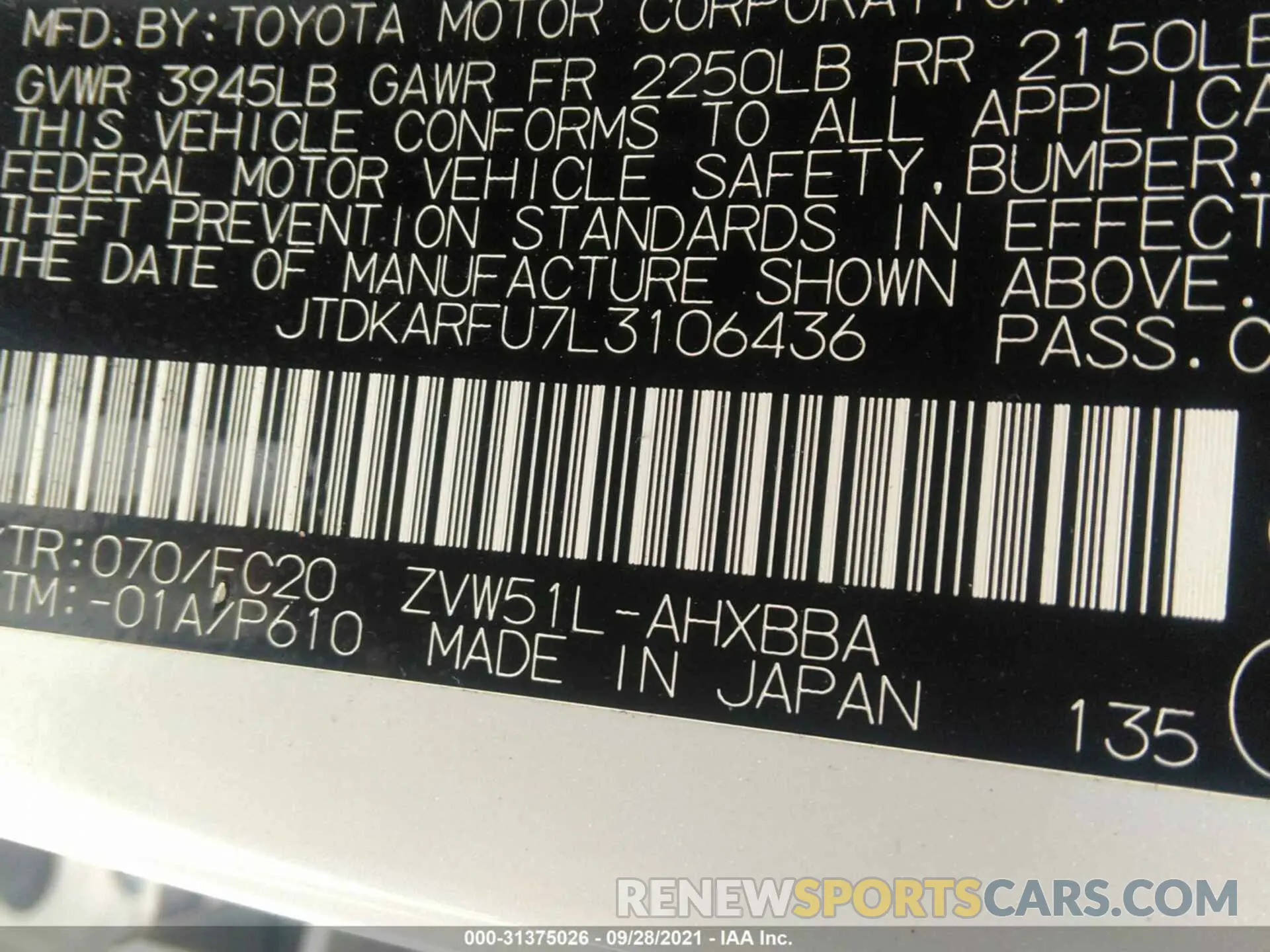 9 fotografías del automóvil dañado JTDKARFU7L3106436 TOYOTA PRIUS 2020