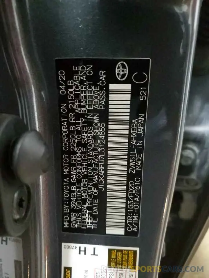 13 fotografías del automóvil dañado JTDKARFU7L3124855 TOYOTA PRIUS 2020