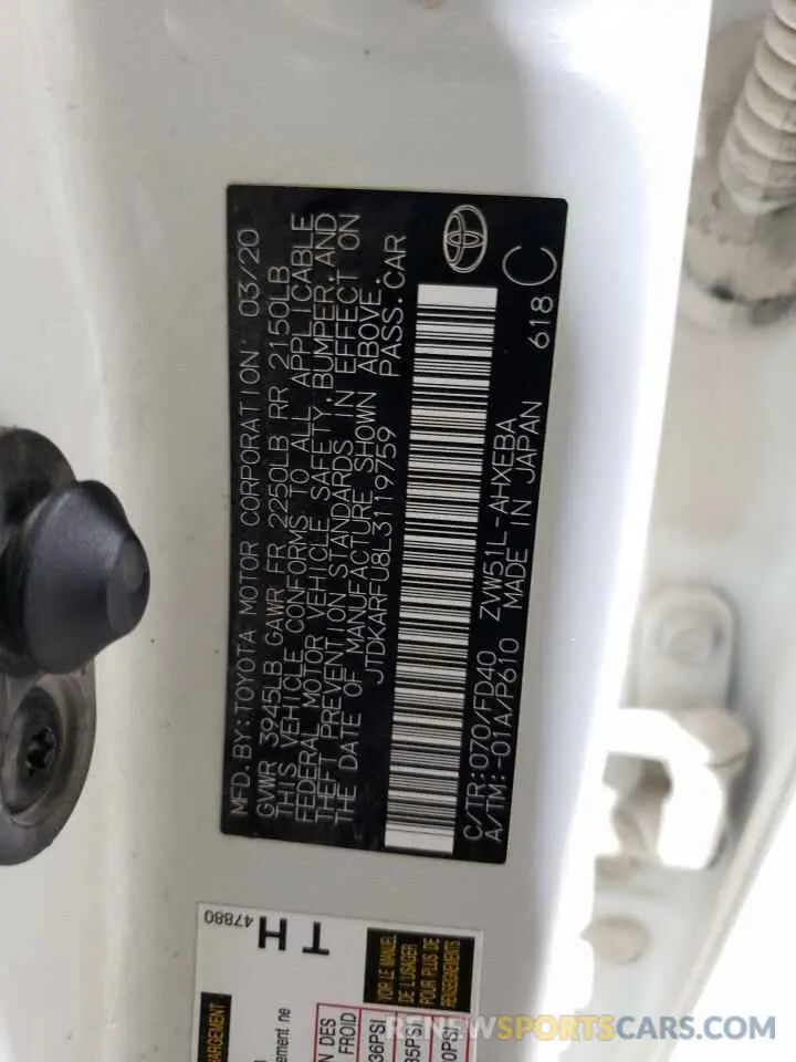 12 fotografías del automóvil dañado JTDKARFU8L3119759 TOYOTA PRIUS 2020