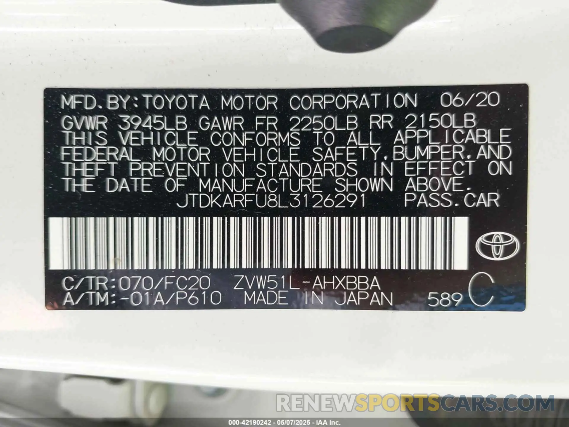 9 fotografías del automóvil dañado JTDKARFU8L3126291 TOYOTA PRIUS 2020