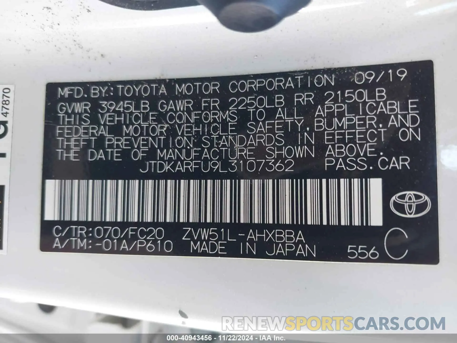 9 fotografías del automóvil dañado JTDKARFU9L3107362 TOYOTA PRIUS 2020