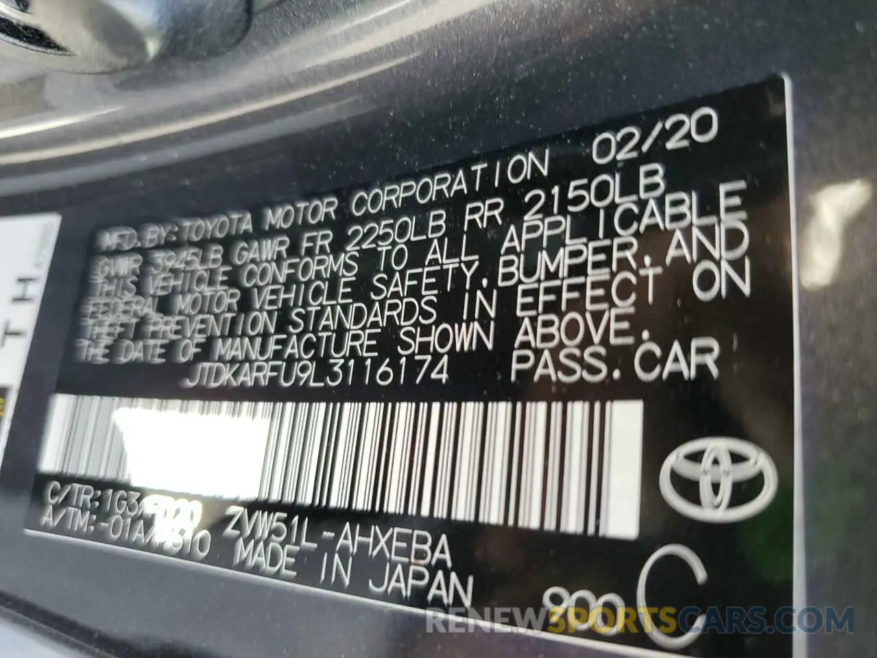 12 fotografías del automóvil dañado JTDKARFU9L3116174 TOYOTA PRIUS 2020