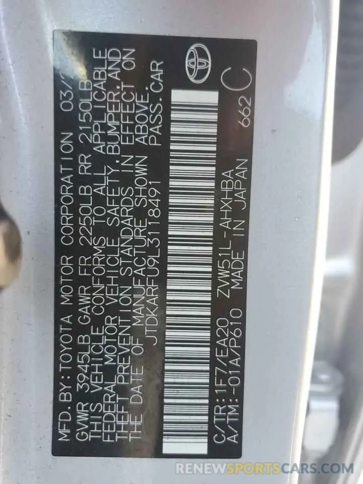 12 fotografías del automóvil dañado JTDKARFU9L3118491 TOYOTA PRIUS 2020