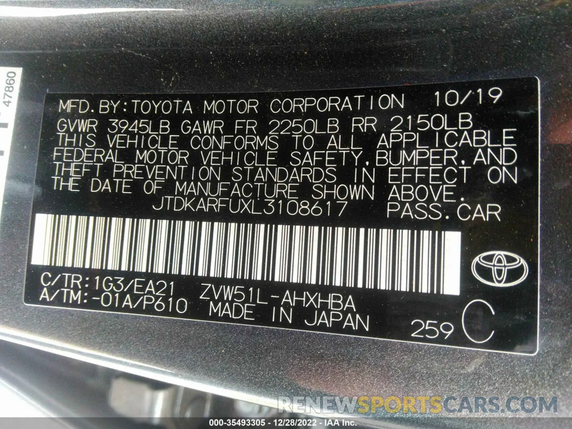 9 fotografías del automóvil dañado JTDKARFUXL3108617 TOYOTA PRIUS 2020