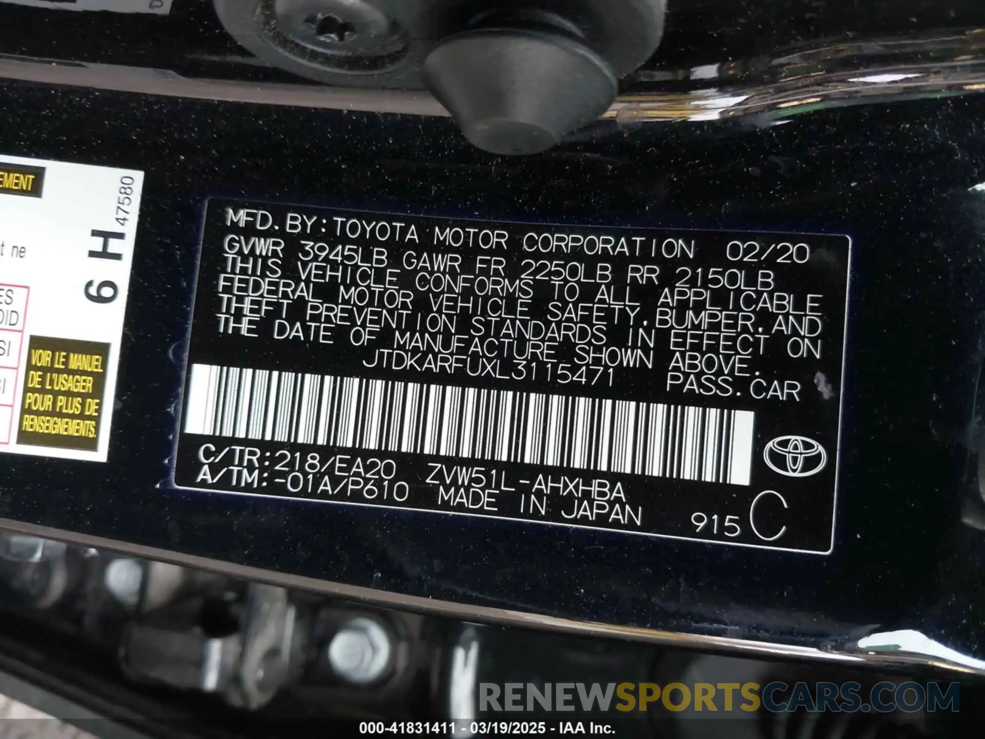 9 fotografías del automóvil dañado JTDKARFUXL3115471 TOYOTA PRIUS 2020