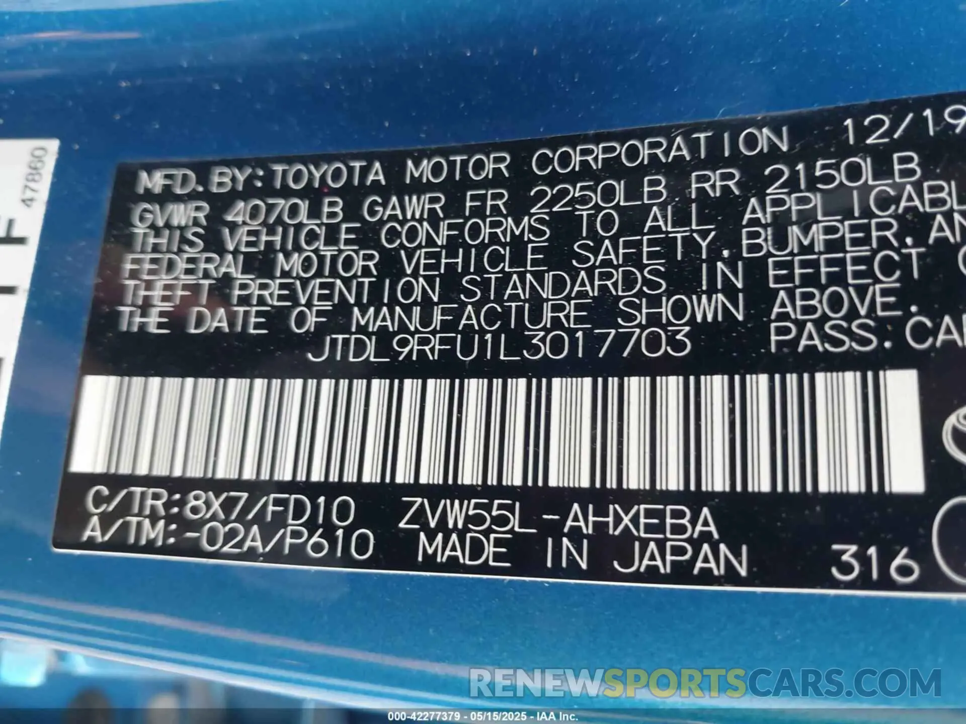 9 fotografías del automóvil dañado JTDL9RFU1L3017703 TOYOTA PRIUS 2020
