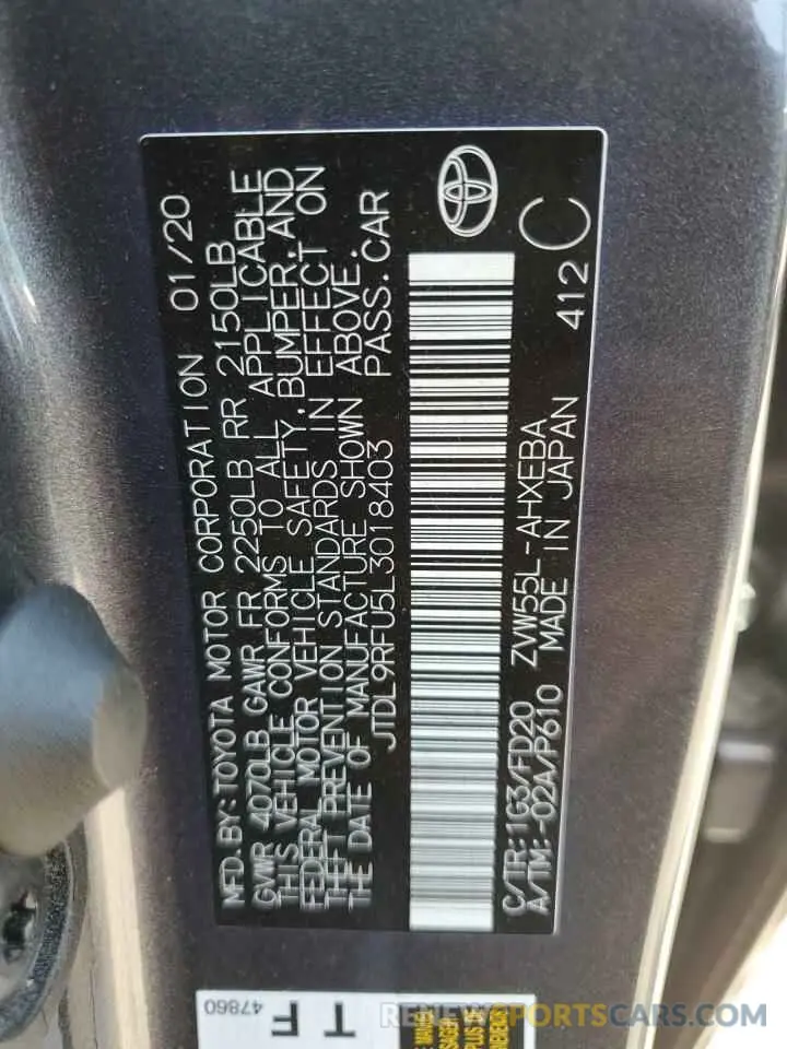12 fotografías del automóvil dañado JTDL9RFU5L3018403 TOYOTA PRIUS 2020
